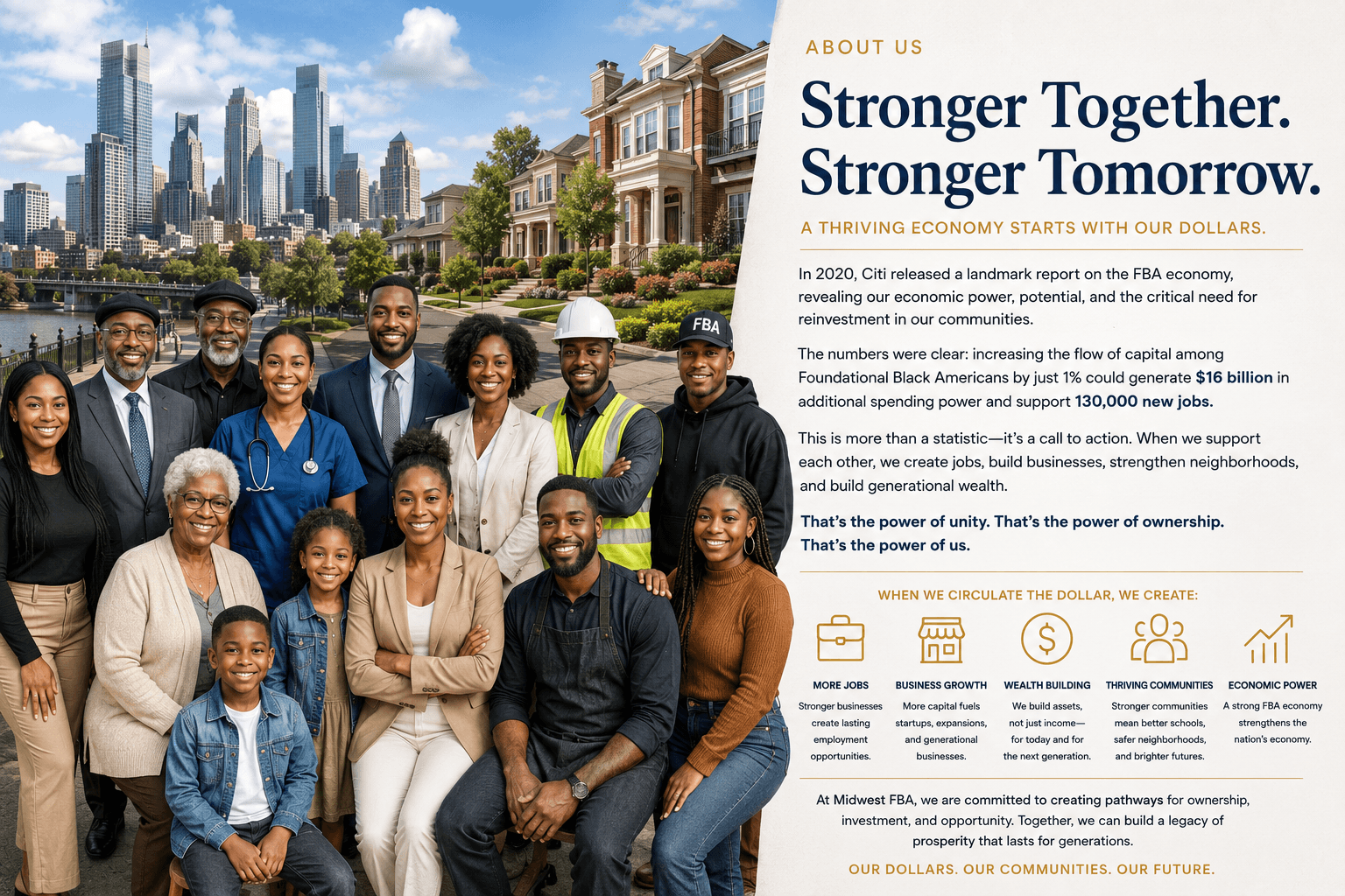 Foundational Black American families, professionals, tradespeople, entrepreneurs, elders, and children standing between a city skyline and an upscale neighborhood